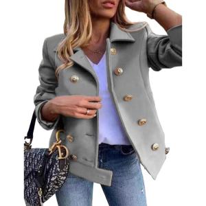 imageIDEALSANXUN Cropped Wool Coats for Women Fall Winter Peacoat Trench Coat Casual Dressy Blazer Jacket OutwearGrey
