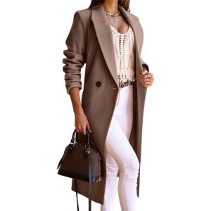 imageIDEALSANXUN Long Wool Coats for Women Fall Winter Trench Coat Peacoat Double Breasted Blazer Jackets OvercoatDark Khaki