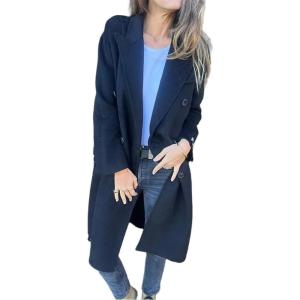 imageIDEALSANXUN Womens Long Wool Coats Fall Winter Double Breasted Trench Coat Peacoat Dress Blazer JacketsBlack