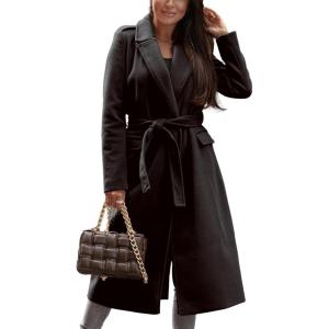 imageIDEALSANXUN Womens Long Wool Coats Fall Winter Open Front Trench Coat Peacoat with Self BeltBlack