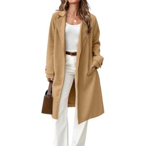 imageIDEALSANXUN Womens Wool Coat Fall Winter Midi Length Trench Coat with BeltCamel