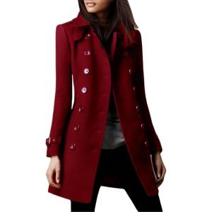 imageIDEALSANXUN Double Breasted Wool Coats for Women Trendy Fall Winter Mid Pea Trench Coat Blazer Jackets OvercoatWine