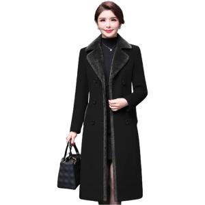 imageIDEALSANXUN Fur Collar Wool Coats for Women Double Breasted Long Peacoat JacketsBlack