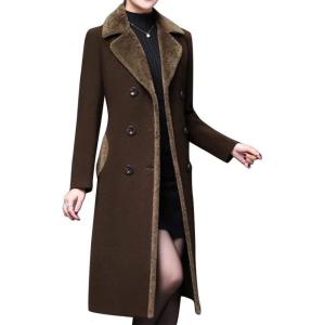 imageIDEALSANXUN Fur Collar Wool Coats for Women Double Breasted Long Peacoat JacketsBrown