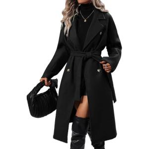 imageIDEALSANXUN Long Wool Coats for Women Fall Winter Blazer Jacket Lapel Trench Coat Casual Dressy Peacoat Overcoat with BeltBlack