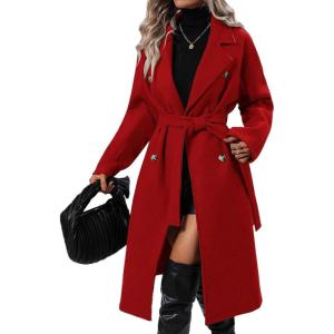 imageIDEALSANXUN Long Wool Coats for Women Fall Winter Blazer Jacket Lapel Trench Coat Casual Dressy Peacoat Overcoat with BeltRed