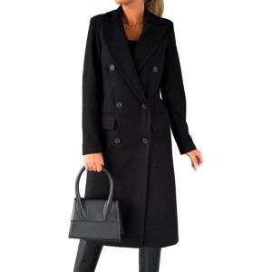 imageIDEALSANXUN Womens Long Wool Coat Double Breasted Trench Coat Fall Winter ClothesBlack