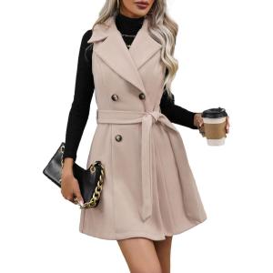 imageIDEALSANXUN Womens Long Wool Vest Fall Winter Sleeveless Blazer Jackets Double Breasted Trench Coat with BeltBeige