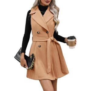 imageIDEALSANXUN Womens Long Wool Vest Fall Winter Sleeveless Blazer Jackets Double Breasted Trench Coat with BeltCamel