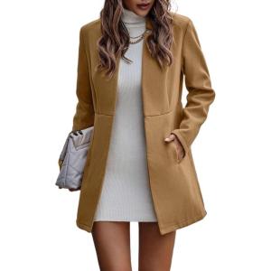 imageIDEALSANXUN Wool Blazer for Women Fall Winter Open Front Blazer Jackets Business Coats Dressy Peacoat Trench CoatKhaki
