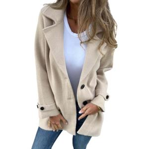 imageIDEALSANXUN Wool Pea Coats for Women Fall Winter Classic Mid Length Peacoat Trench Coat Blazer JacketBeige
