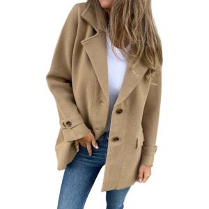 imageIDEALSANXUN Wool Pea Coats for Women Fall Winter Classic Mid Length Peacoat Trench Coat Blazer JacketKhaki