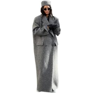imageIDEALSANXUN Long Wool Coats for Women Fall Winter Maxi Length Peacoat Trench Coat Blazer Jacket Overcoat OuterwearGrey