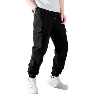 imageIDEALSANXUN Mens Cargo Joggers Pants Casual Cotton Elastic Waist Drawstring Relaxed Fit Work Hiking TrousersBlack