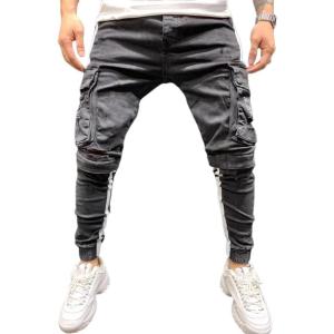 imageIDEALSANXUN Mens Cargo Slim Fit Skinny Ripped Jeans Striped Denim PantsBlack