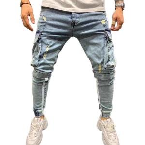 imageIDEALSANXUN Mens Cargo Slim Fit Skinny Ripped Jeans Striped Denim PantsLight Blue