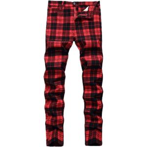 imageIDEALSANXUN Plaid Pants for Men Dress Chino Stright Leg Casual Skinny Pants2 Wine T2