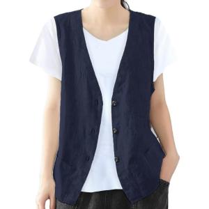 imageIDEALSANXUN Womens Cotton Linen Vest Casual Sleeveless Blazer Cardigans Lightweight Jacket WaistcoatNavy