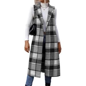 imageIDEALSANXUN Womens Long Plaid Vest Fall Winter Sleeveless Blazer Jackets Open Front CardiganGrey
