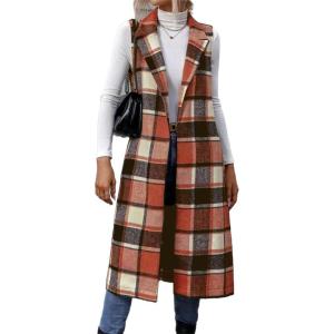 imageIDEALSANXUN Womens Long Plaid Vest Fall Winter Sleeveless Blazer Jackets Open Front CardiganOrange