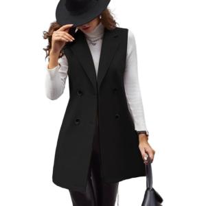 imageIDEALSANXUN Womens Long Wool Vest Fall Winter Sleeveless Blazer Jackets Double Breasted Trench CoatsBlack