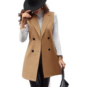 imageIDEALSANXUN Womens Long Wool Vest Fall Winter Sleeveless Blazer Jackets Double Breasted Trench CoatsCamel