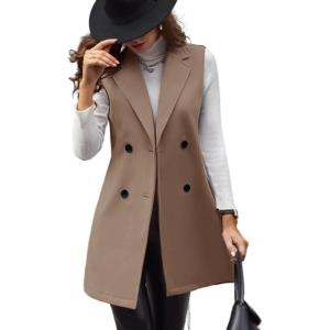 imageIDEALSANXUN Womens Long Wool Vest Fall Winter Sleeveless Blazer Jackets Double Breasted Trench CoatsDark Khaki