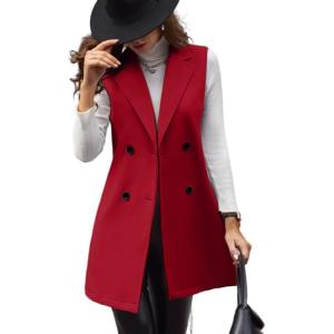 imageIDEALSANXUN Womens Long Wool Vest Fall Winter Sleeveless Blazer Jackets Double Breasted Trench CoatsMapel Red
