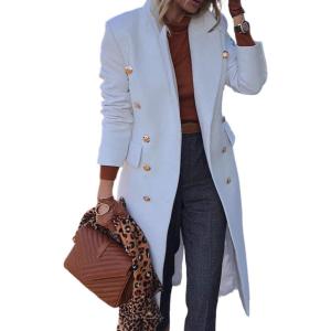 imageIDEALSANXUN Wool Coats for Women Fall Winter Dress Peacoat Long Trench Coat Double Breasted Blazer Jackets OvercoatWhite