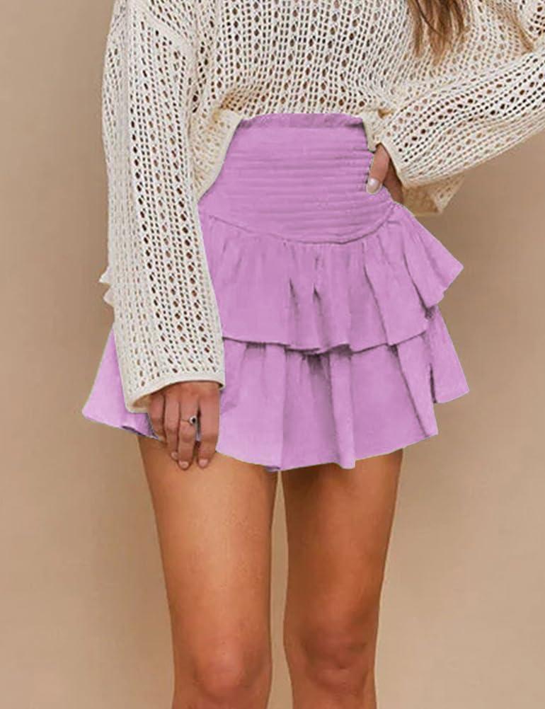 imageIDEALSANXUN Ruffle Mini Skirt for Women Smocked Waist A Line Cute Short Flowy SkirtLight Purple