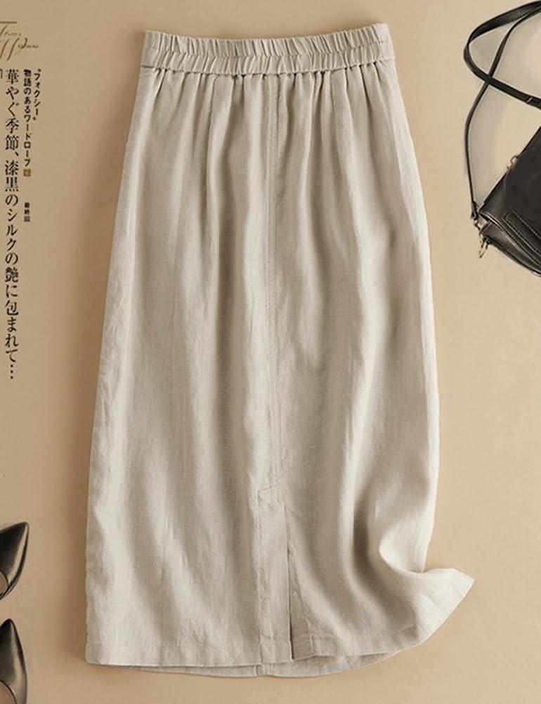 imageIDEALSANXUN Womens Cotton Linen Skirts Spring Summer A Line Midi Skirt with Pockets Beach Vacation ClothesBeige