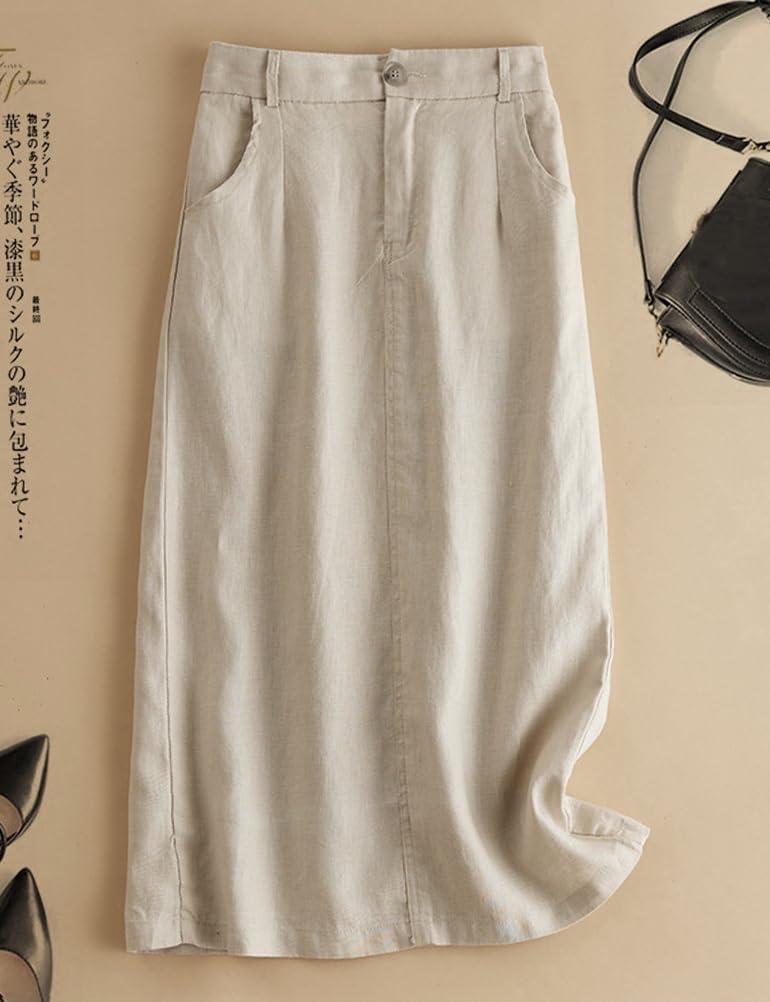 imageIDEALSANXUN Womens Cotton Linen Skirts Spring Summer A Line Midi Skirt with Pockets Beach Vacation ClothesBeige
