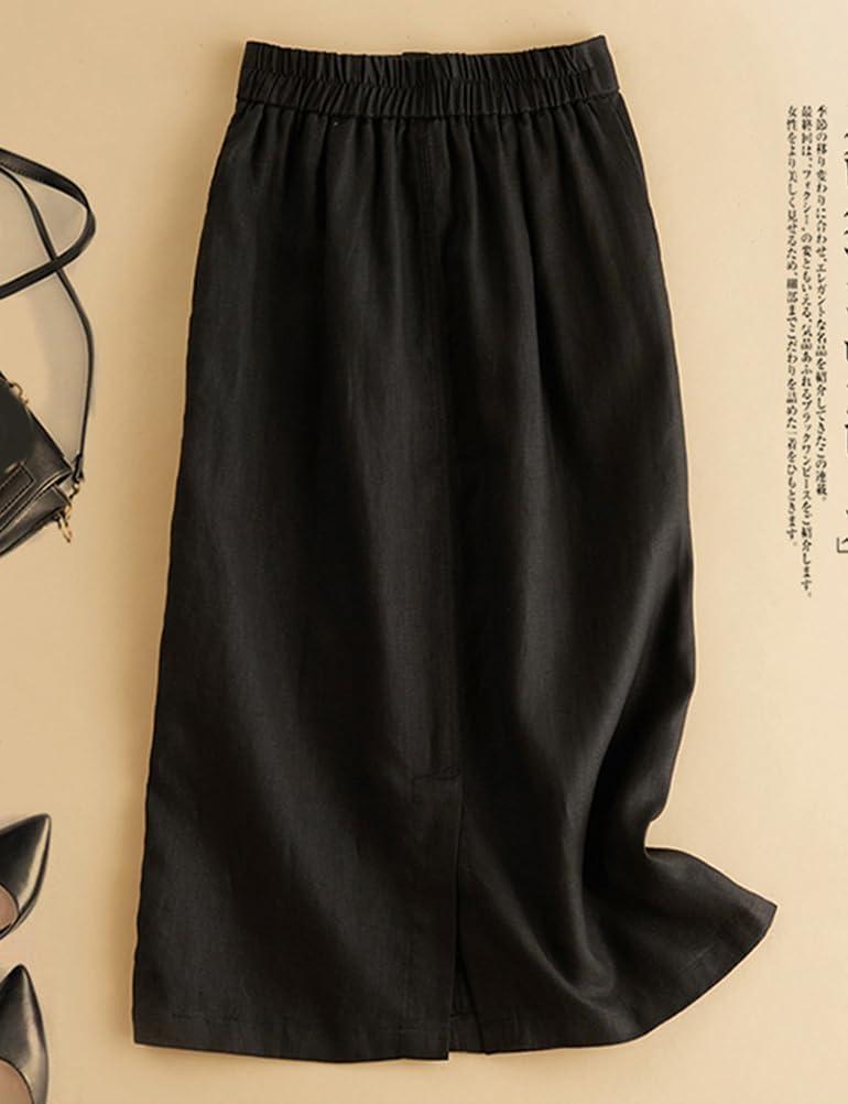 imageIDEALSANXUN Womens Cotton Linen Skirts Spring Summer A Line Midi Skirt with Pockets Beach Vacation ClothesBlack