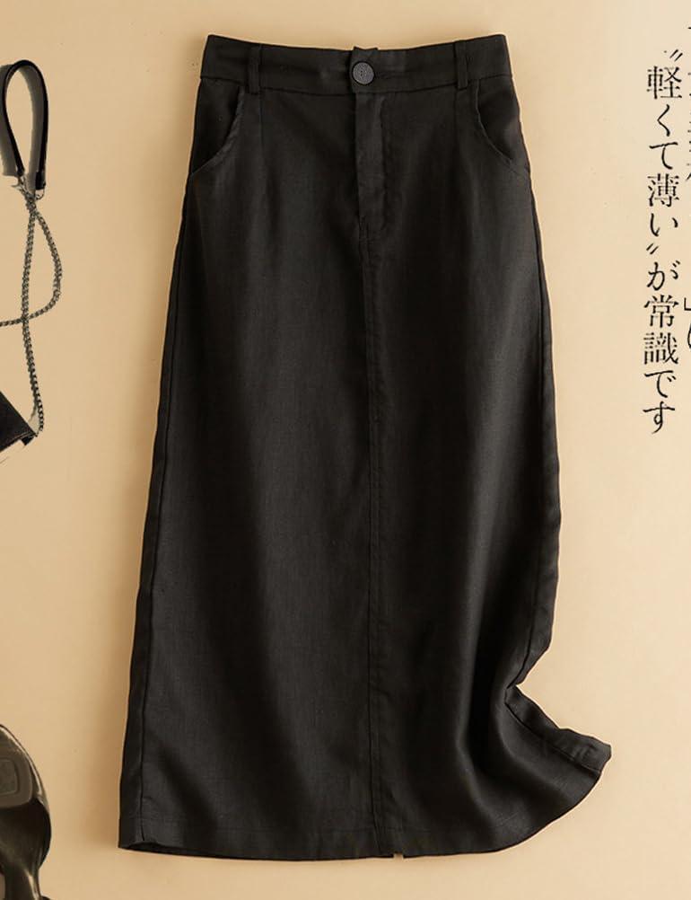 imageIDEALSANXUN Womens Cotton Linen Skirts Spring Summer A Line Midi Skirt with Pockets Beach Vacation ClothesBlack
