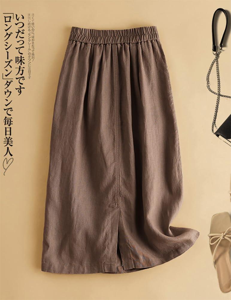 imageIDEALSANXUN Womens Cotton Linen Skirts Spring Summer A Line Midi Skirt with Pockets Beach Vacation ClothesCoffee