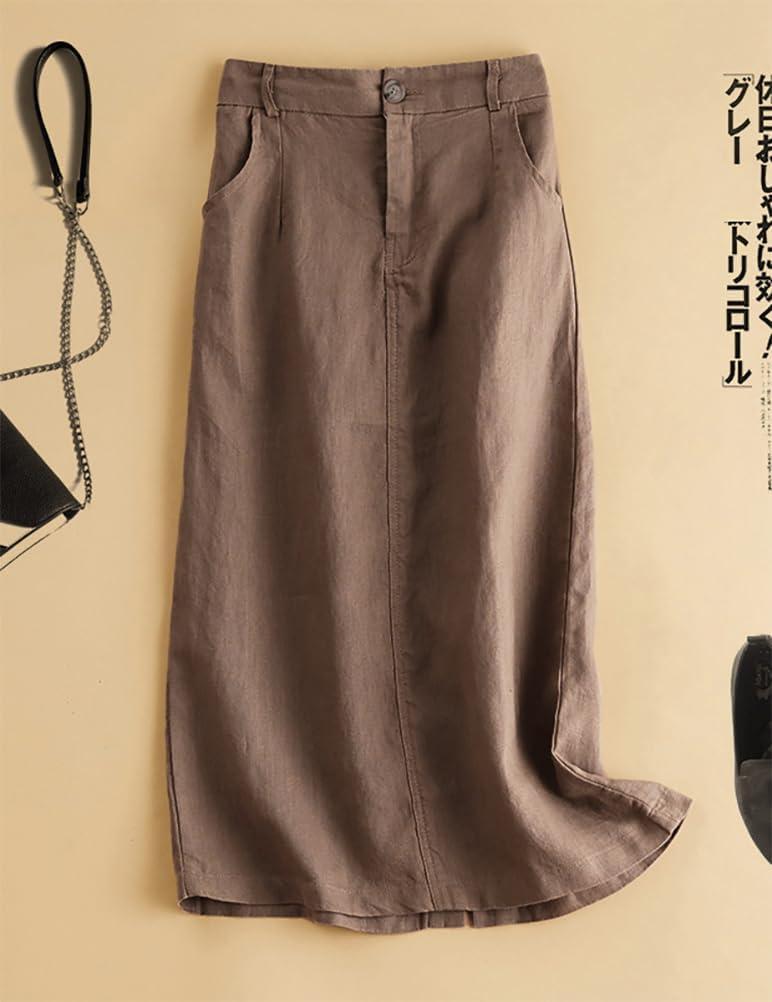 imageIDEALSANXUN Womens Cotton Linen Skirts Spring Summer A Line Midi Skirt with Pockets Beach Vacation ClothesCoffee