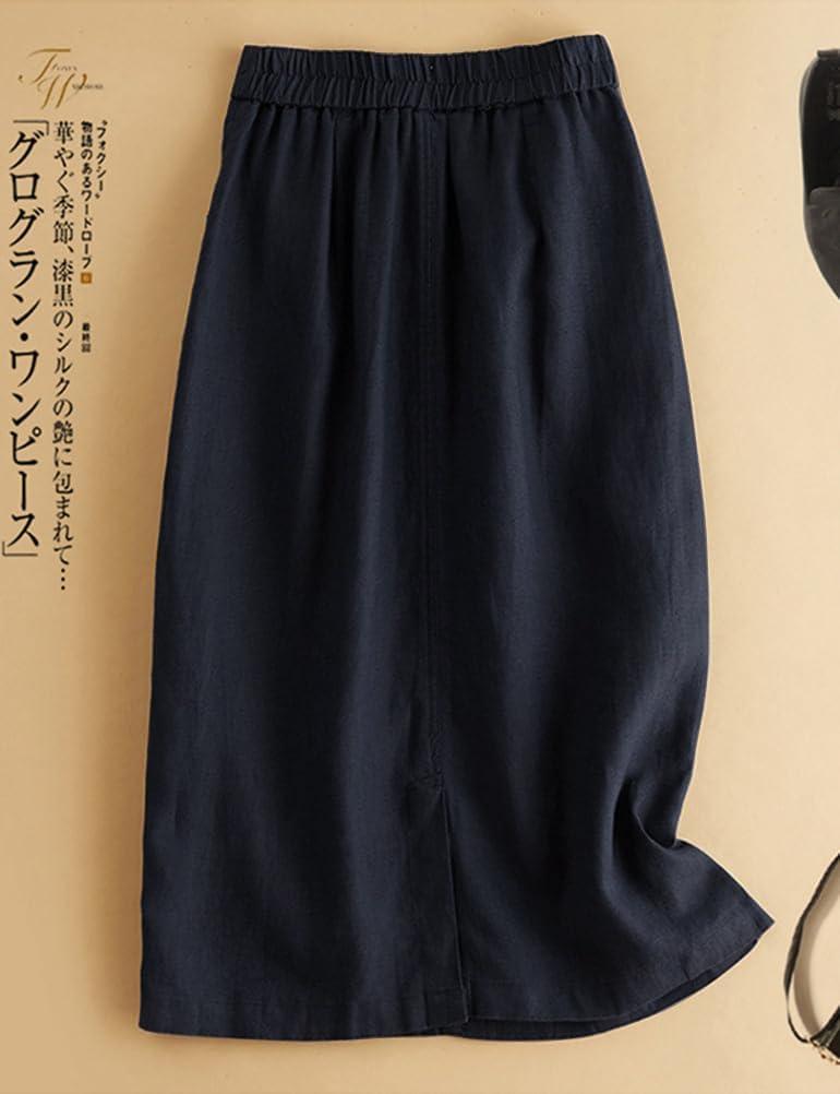 imageIDEALSANXUN Womens Cotton Linen Skirts Spring Summer A Line Midi Skirt with Pockets Beach Vacation ClothesNavy