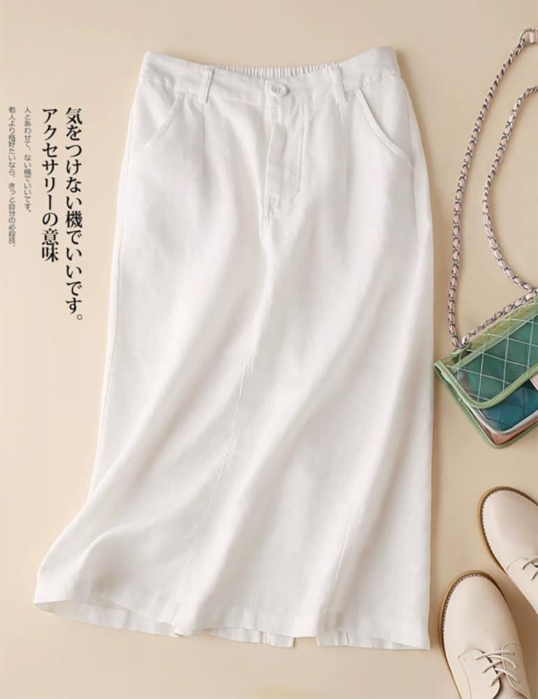 imageIDEALSANXUN Womens Cotton Linen Skirts Spring Summer A Line Midi Skirt with Pockets Beach Vacation ClothesWhite
