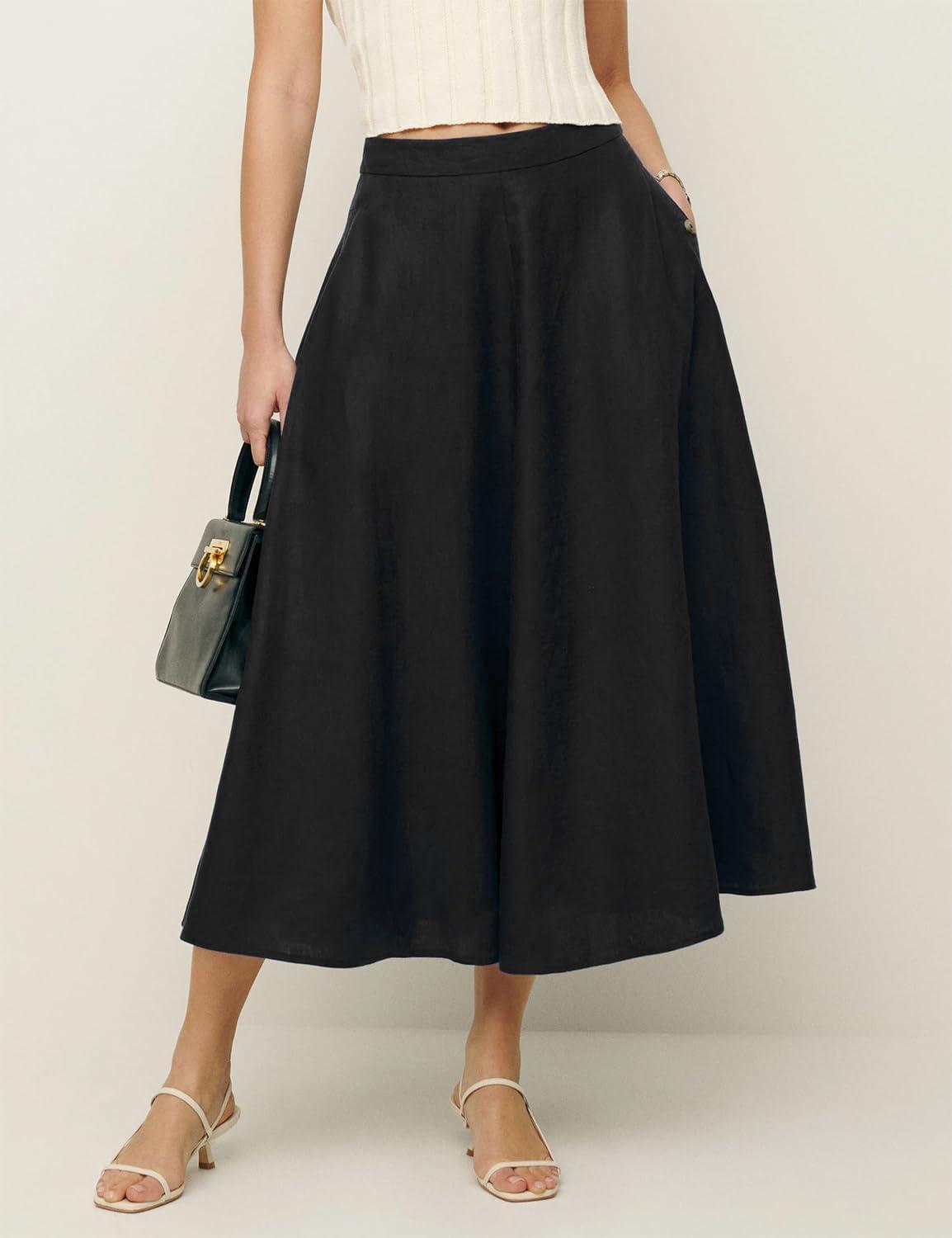 imageIDEALSANXUN Womens Cotton Linen Skirts Spring Summer A Line Pleated Maxi Midi Skirt with PocketsBlack