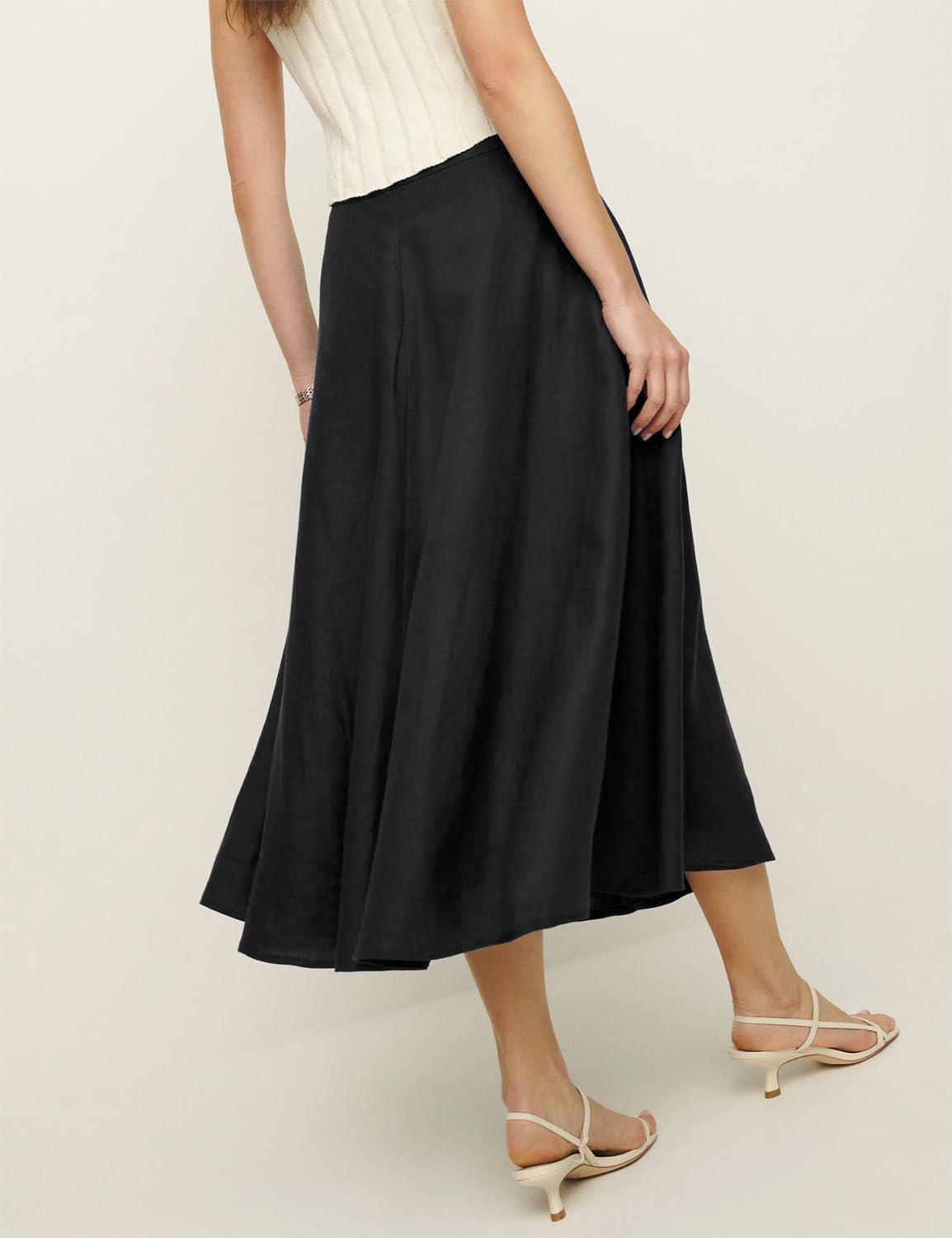imageIDEALSANXUN Womens Cotton Linen Skirts Spring Summer A Line Pleated Maxi Midi Skirt with PocketsBlack