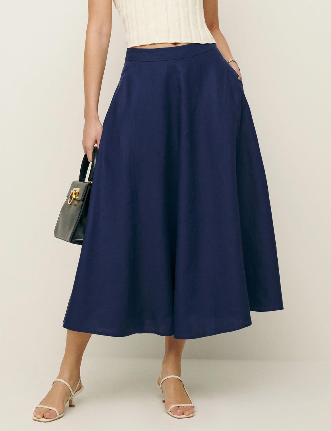 imageIDEALSANXUN Womens Cotton Linen Skirts Spring Summer A Line Pleated Maxi Midi Skirt with PocketsNavy