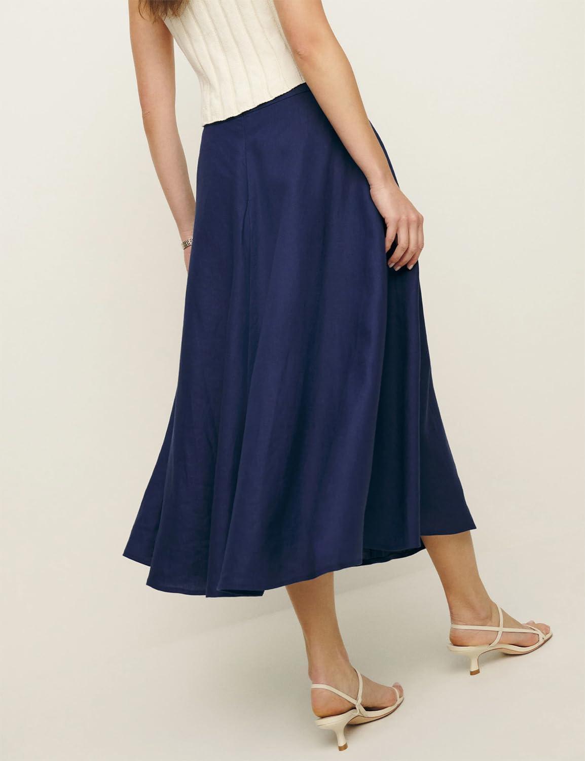 imageIDEALSANXUN Womens Cotton Linen Skirts Spring Summer A Line Pleated Maxi Midi Skirt with PocketsNavy