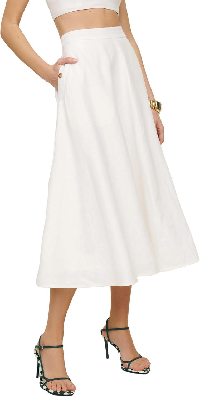 imageIDEALSANXUN Womens Cotton Linen Skirts Spring Summer A Line Pleated Maxi Midi Skirt with PocketsWhite