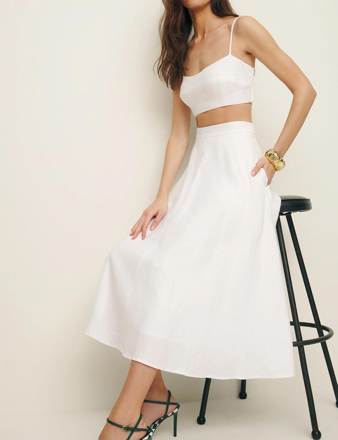 imageIDEALSANXUN Womens Cotton Linen Skirts Spring Summer A Line Pleated Maxi Midi Skirt with PocketsWhite