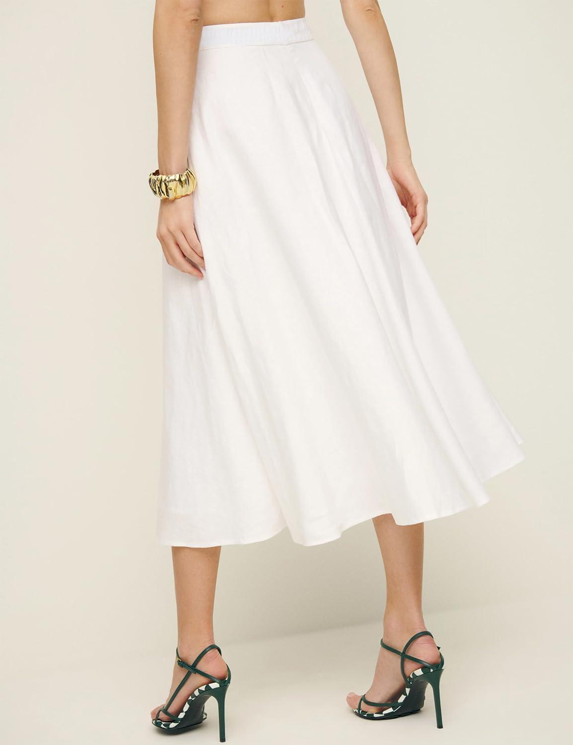 imageIDEALSANXUN Womens Cotton Linen Skirts Spring Summer A Line Pleated Maxi Midi Skirt with PocketsWhite