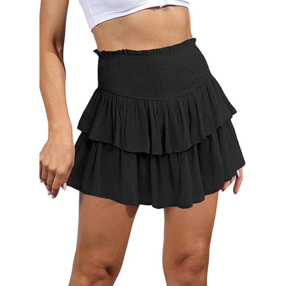 imageIDEALSANXUN Ruffle Mini Skirt for Women Smocked Waist A Line Cute Short Flowy SkirtBlack