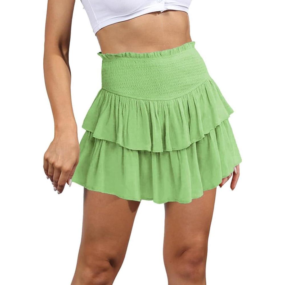 imageIDEALSANXUN Ruffle Mini Skirt for Women Smocked Waist A Line Cute Short Flowy SkirtGreen