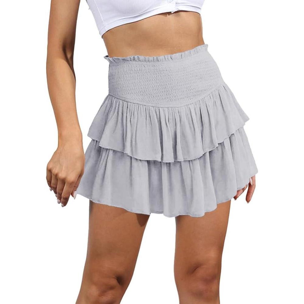imageIDEALSANXUN Ruffle Mini Skirt for Women Smocked Waist A Line Cute Short Flowy SkirtGrey
