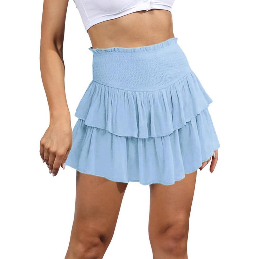 imageIDEALSANXUN Ruffle Mini Skirt for Women Smocked Waist A Line Cute Short Flowy SkirtLight Blue
