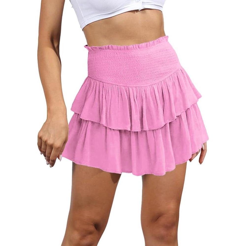 imageIDEALSANXUN Ruffle Mini Skirt for Women Smocked Waist A Line Cute Short Flowy SkirtLight Pink